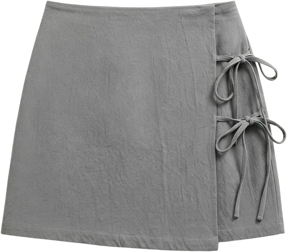 Summer Shorts for Women Boho Cotton Linen Elastic Waist Asymmetrical Hem Beach Mini Shorts Side Tie Fashion Short