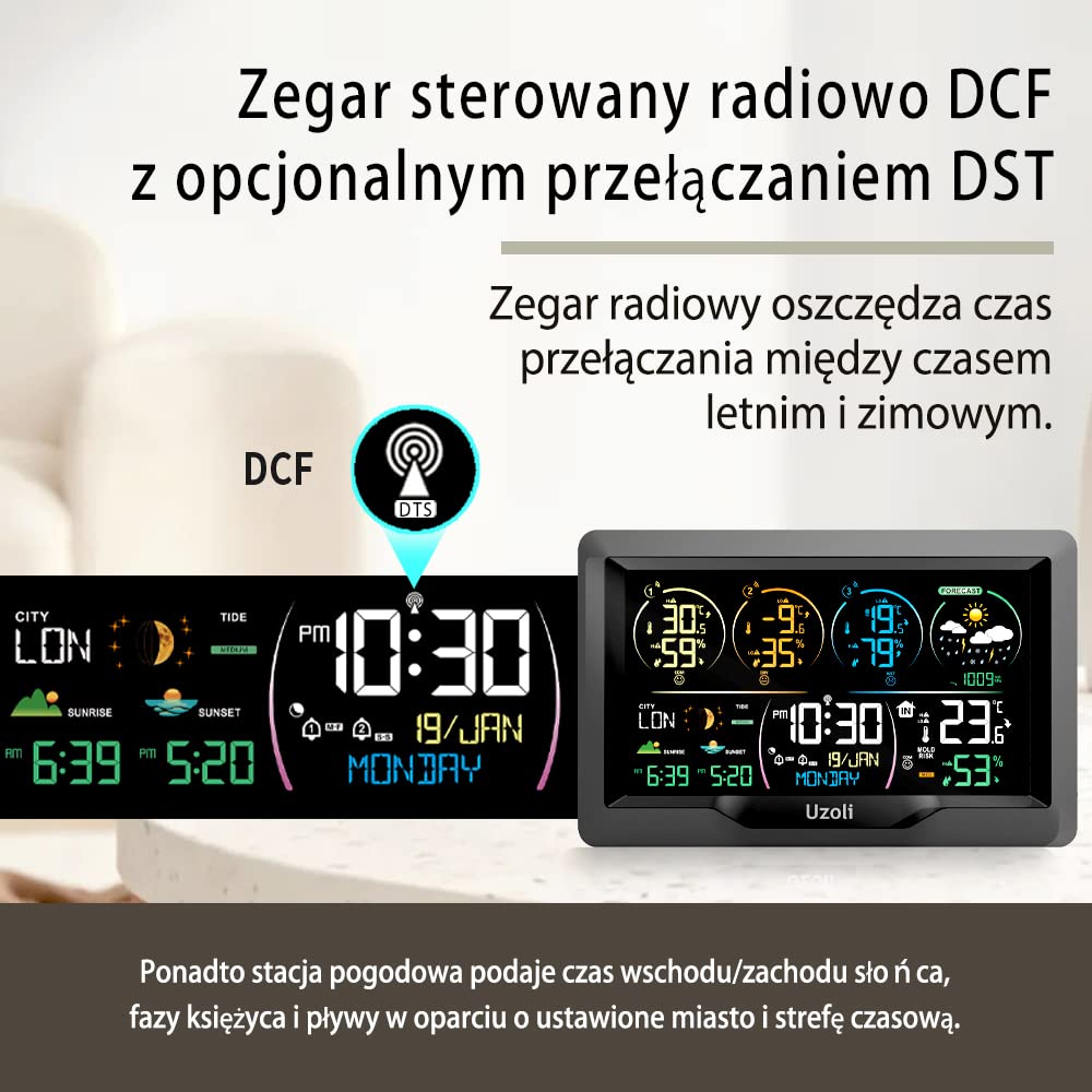 Uzoli Radiowa stacja pogodowa z 3 czujnikami zewnętrznymi, zegar radiowy, kolorowy wyświetlacz, prognoza pogody, termometr, ciśnienie powietrza, wschód i zachód słońca, pływy i fazy księżyca