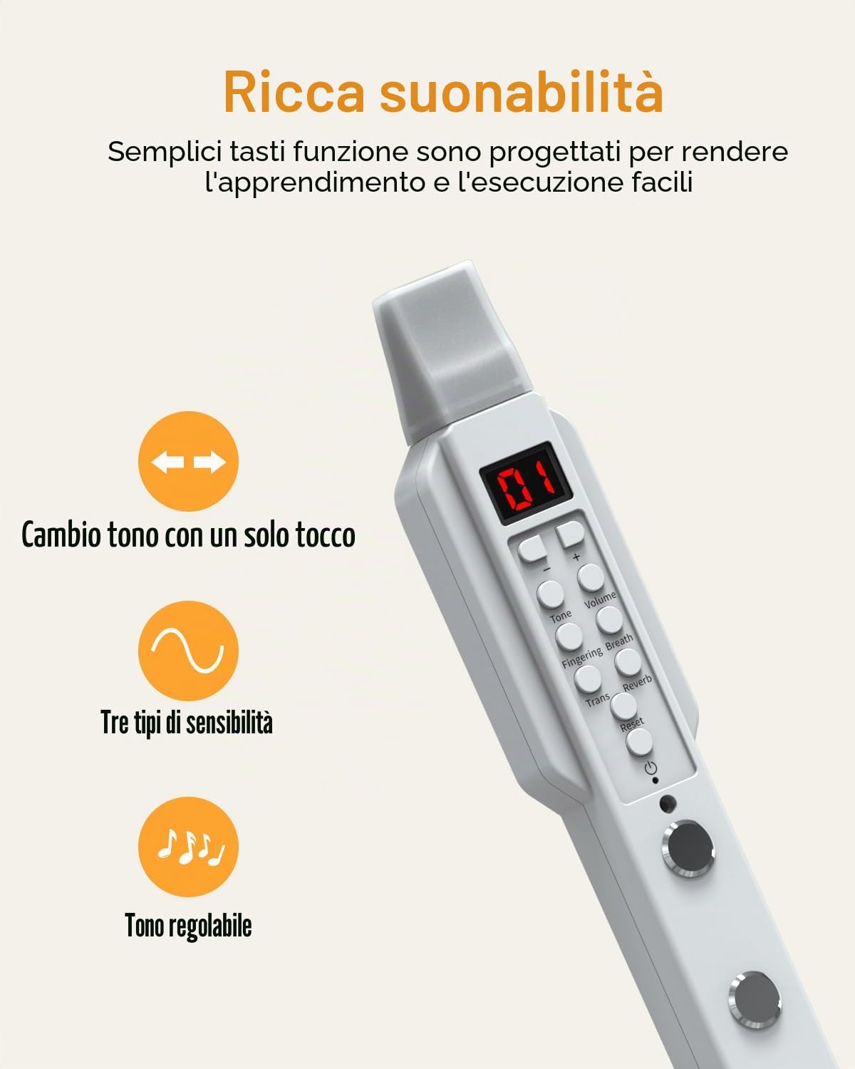 Strumento a fiato digitale, strumento elettrico a fiato bianco, supporta Bluetooth MIDI, strumento a fiato elettronico con ugello rimovibile e cavo di alimentazione, 10 suoni integrati per