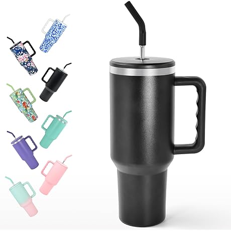 FECBK 40 oz Tumbler with Handle and Straw, Insulated Coffee Cup Travel Mug