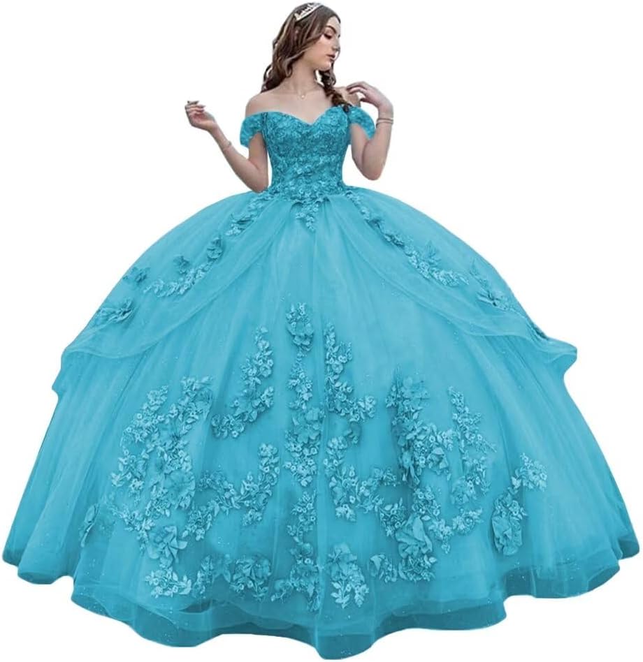 Mauuwy 3D Floral Quinceanera Dresses Ball Gown Puffy Sparkly Tulle Sweet 16 Dresses Off Shoulder Lace Princess Dress Y120