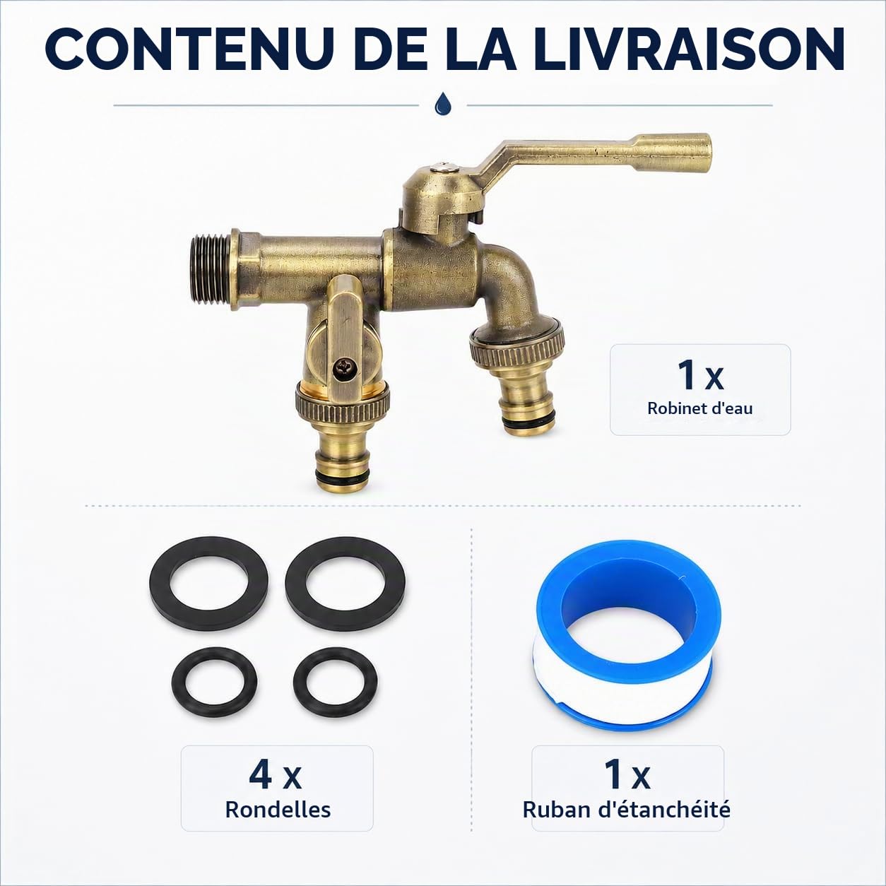 Robinet d'eau en Laiton Double Exterieur Jardin, 3/4 Pouces Robinet Double Sortie Extérieur Anti-gel, Robinet D'eau en Laiton Antique avec 2 Prises de 25 Mm Pour Jardin, Machine à Laver, Terrasse