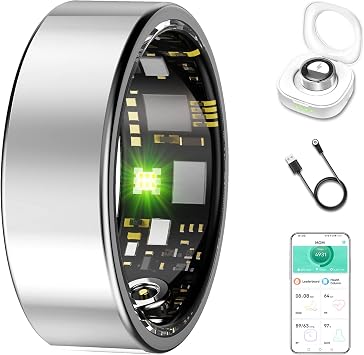 Smart Ring for Women & Men, Fitness Tracker with Heart Rate, Blood Oxygen, Blood Pressure, Sleep Monitoring, Step Counting, IP68 Waterproof for iPhone and Android Silver 7