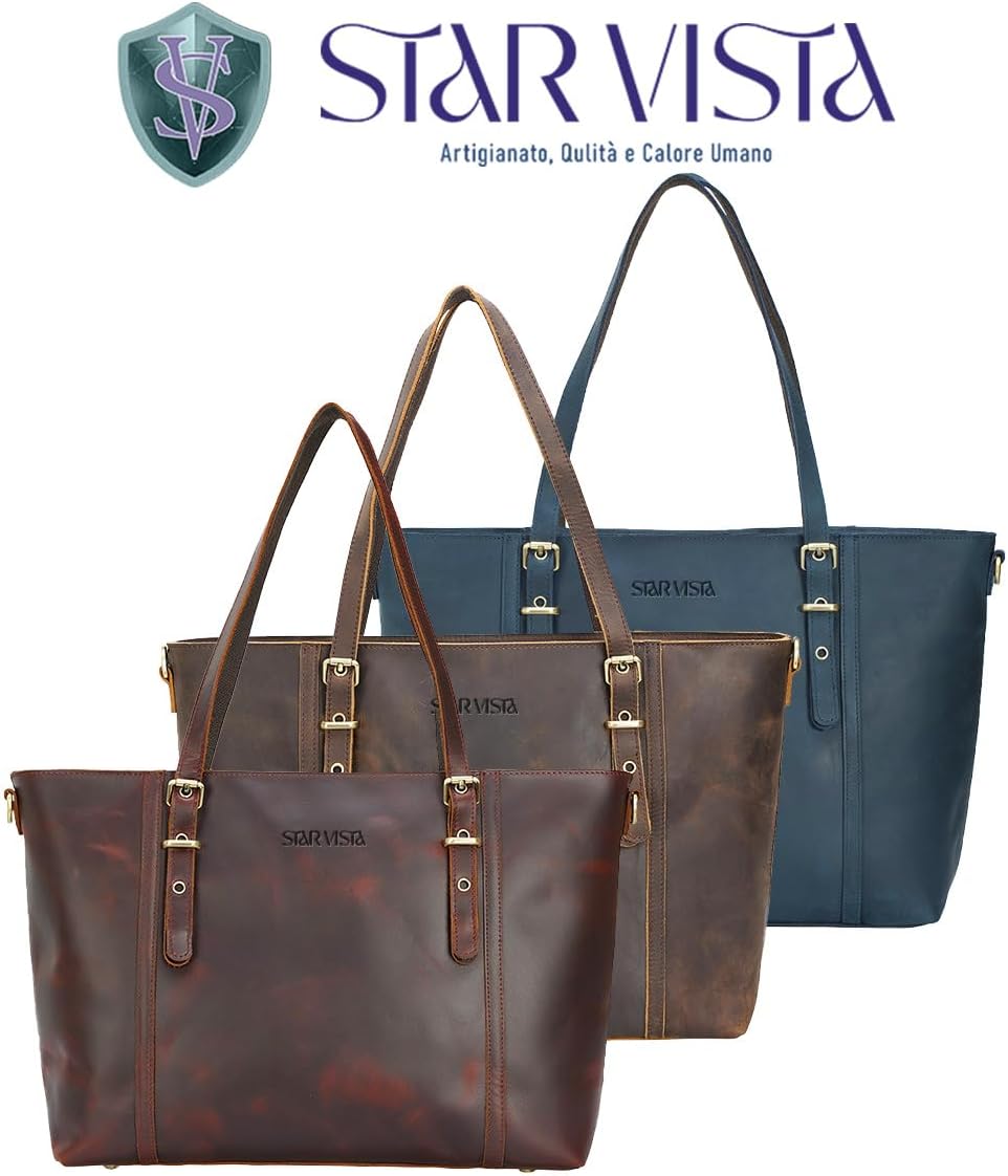 STAR VISTA Scopella Vintage Full Grain Leather Tote Handbag Shoulder bag, YKK Zippers,Adjustable Handles&Strap,Trolley Sleeve