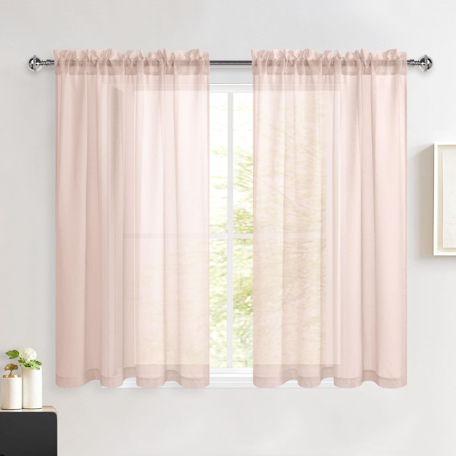 DWCN Pink Net Curtains for Windows 54 Drop Rod Pocket Voile for Bedroom