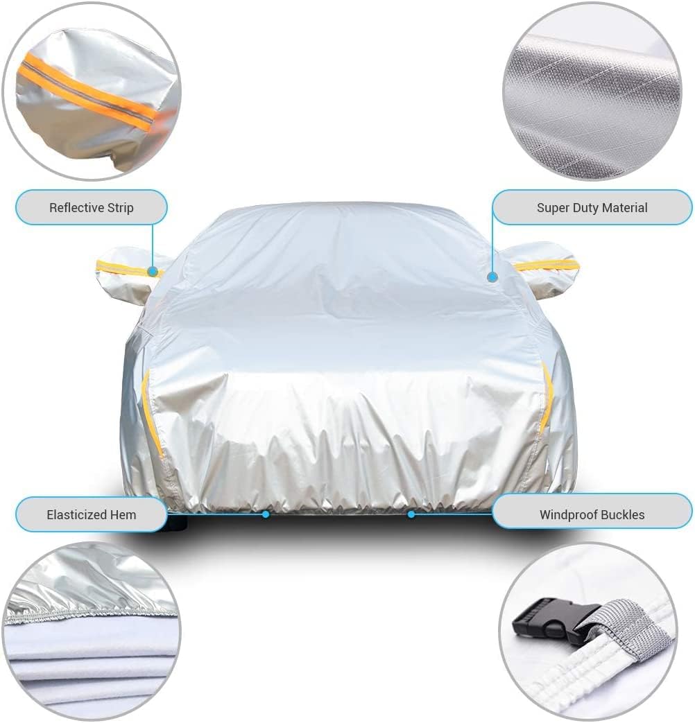 Tecoom Super Heavy Duty Multiple Layers Car Cover All Weather Waterproof Windproof Snow Sun Rain UV Protective Outdoor with Buckles and Belt Fit 170-180 inches Length Hatchback