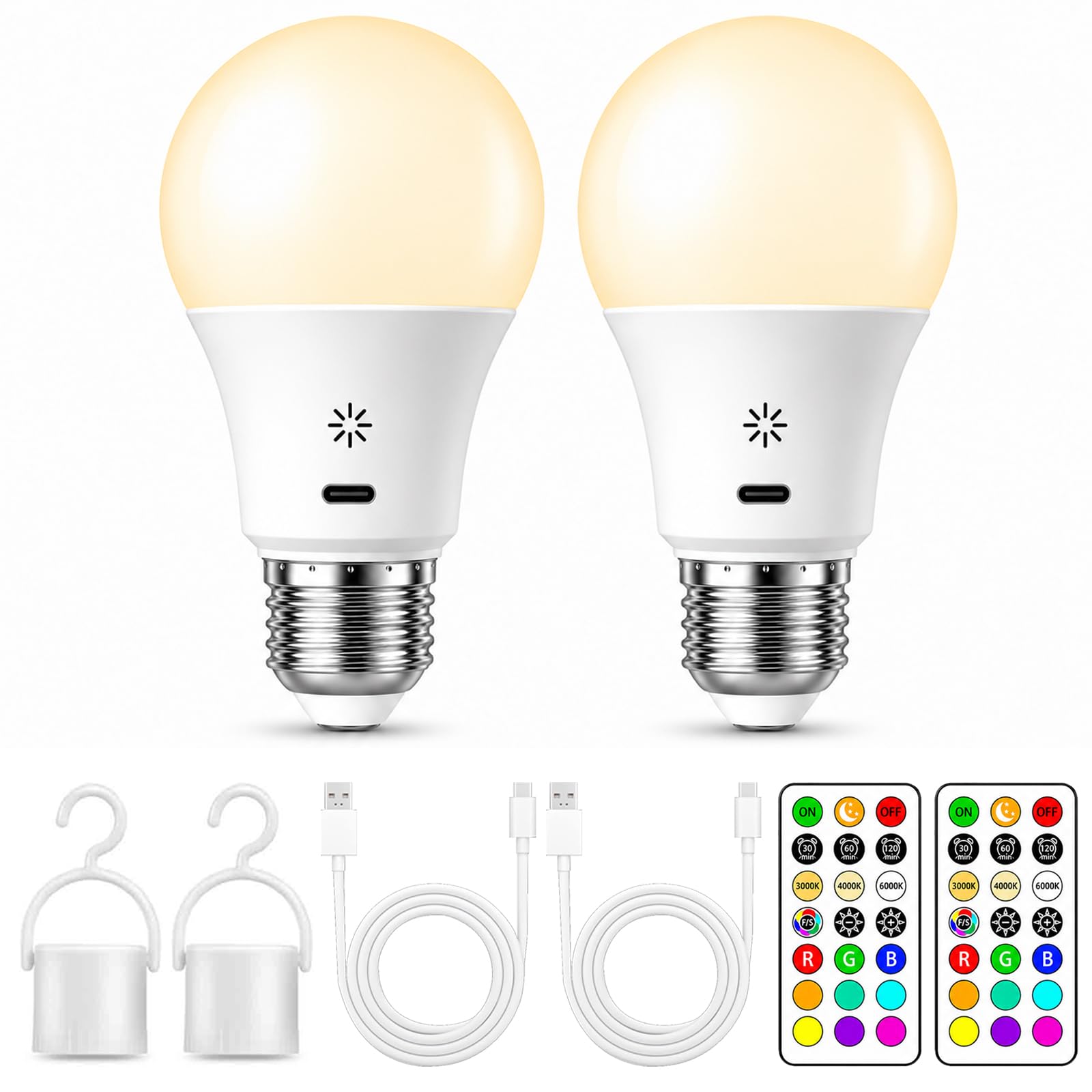 Rechargeable Light Bulbs with Remote & Touch, 2200mAh Battery Operated Bulb, 12 Colour Mode, 3 Timer & Night Light, E27 Screw Bulb with Hook, Dimmable Wireless LED Bulb for Lamps Without Power, 2 Pack