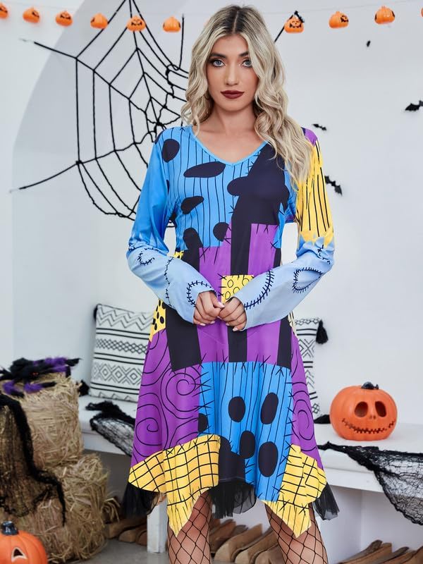 Halloween Costumes Women Long Sleeve V Neck Patchwork Cosplay Multi Dress
