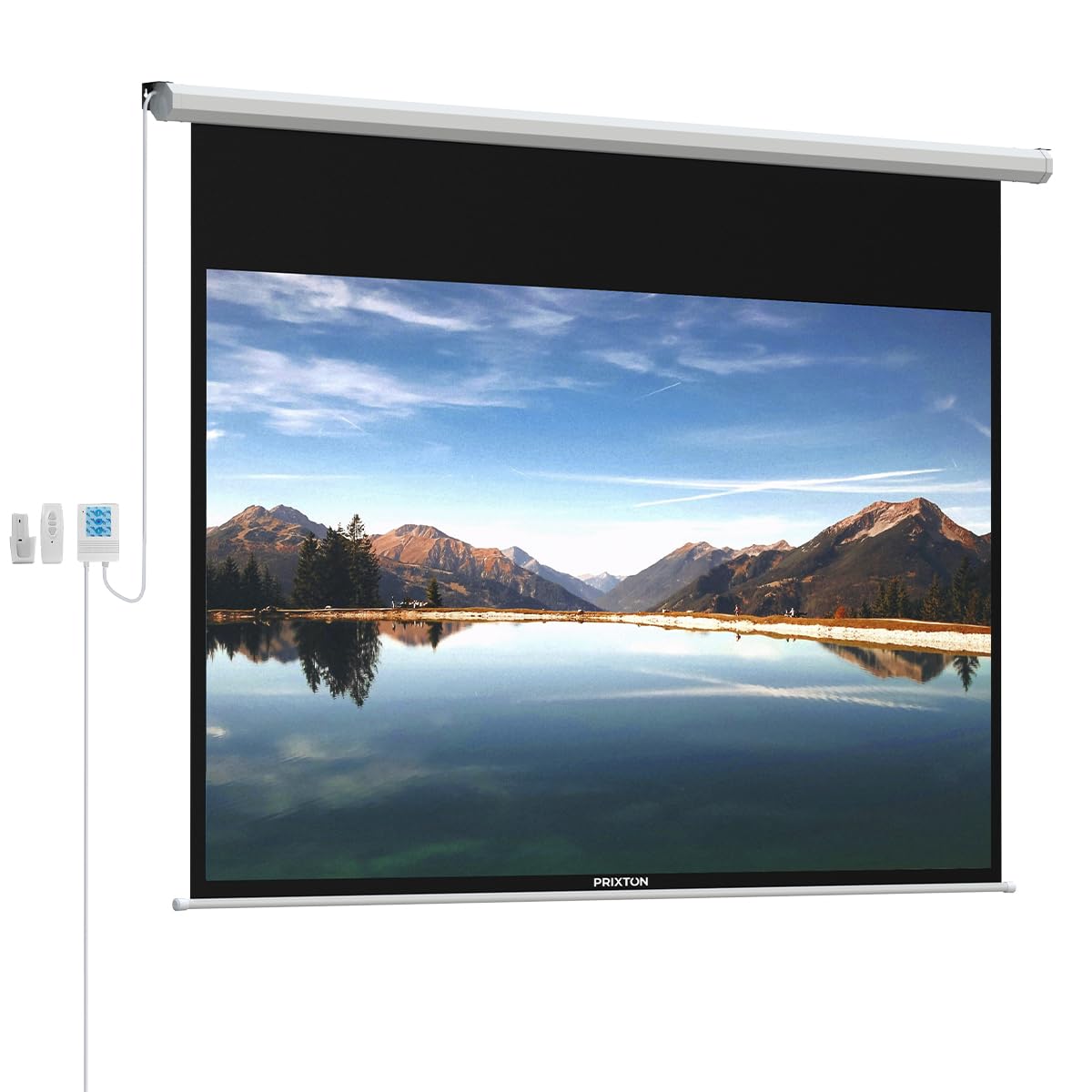 PRIXTON Pantalla de Proyección Cinema MAX con Motor eléctrico, Control Remoto y Manual, Pantalla de 100 Pulgadas, 4 Capas, Material PVC Antiarrugas Lavable