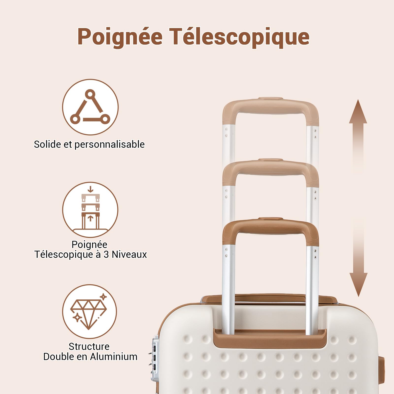 Kono Valise Soute 65cm ABS+PC Rigide,Valise Moyenne Légere avec 4 roulettes 360° Serrure TSA,Dimensions Standard Compagnies Aériennes,Idéal Voyage d'affaires Vacances（Crème）