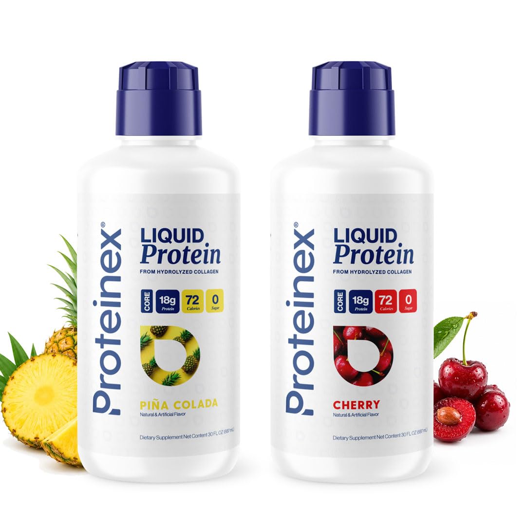 Proteinex Core Liquid Collagen Peptides Bundle – Piña Colada 30 oz + Cherry 30 oz | 18g Complete Protein | Doctor Recommended | Supports Recovery & Wound Healin