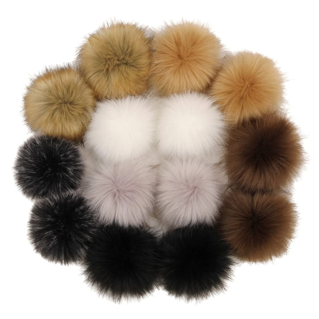 14PCS Pompoms Faux Fur Pom Poms for Hats Soft Fluffy Pom Pom Balls, 3.9'' Snap on Pom Poms, DIY Pom Poms with Press Button for Knitting Hat Shoes Scarves Bag