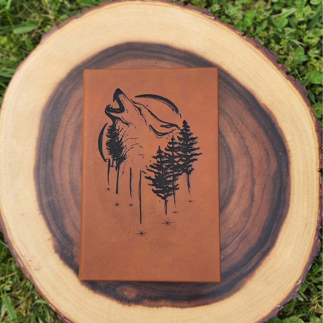 Witchy Wolf Journal or Sketchbook, Original Art engraved on Leather, Personalize with any text! (Gray)