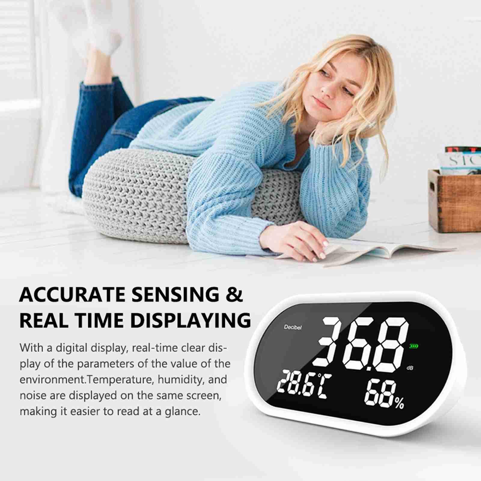 Test Meter Digital Display Decibel Temperature Humidity Noise Tester LED Display Desktop Monitoring Device for Studio Classroom Home