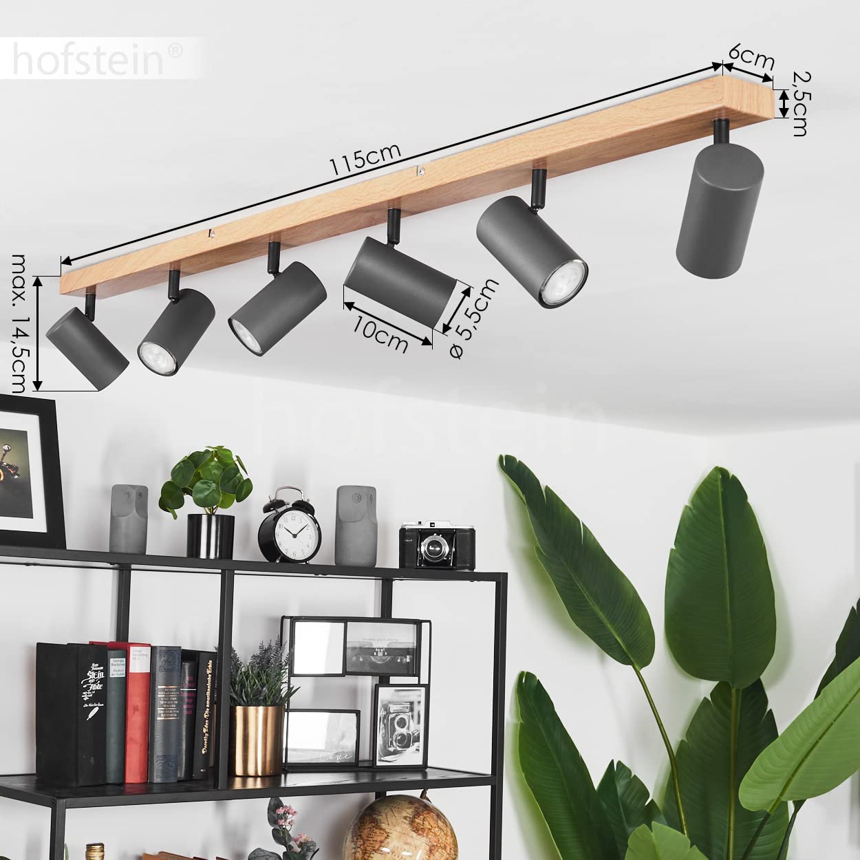 Plafonnier Javel, lampe de plafond moderne en métal imitation bois/marron/gris, luminaire moderne avec spots orientables, 6 flammes, 6 x GU10, sans ampoules