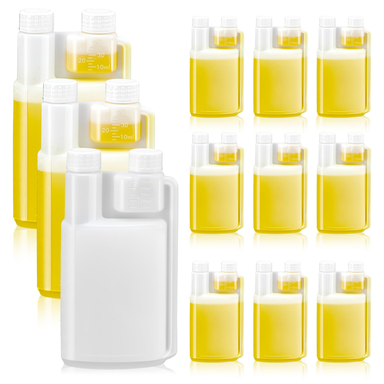 Lounsweer 12 frascos de plástico con cámara graduada de vaso de chupito integrada de 1 onza con tapas, botellas medidoras, una para llenar y otra para dispensar, almacenar, medir líquidos