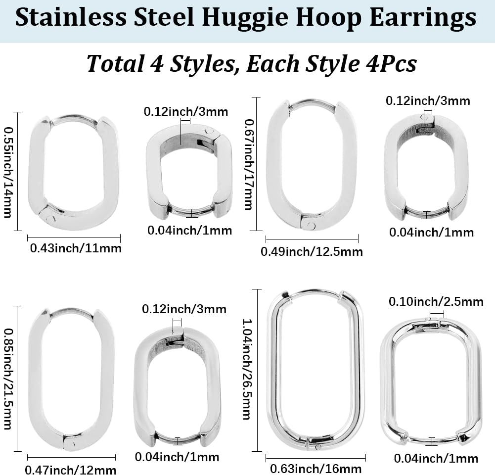 SUNNYCLUE 1 Box 8 Pairs 4 Styles Silver Earrings Huggie Hoops Stainless Steel Huggie Earrings Bulk Metal Oval Rectangle Ear Rings Hoop Findings for Jewelry Making DIY Crafts Trendy Gifts Adults - Image 2
