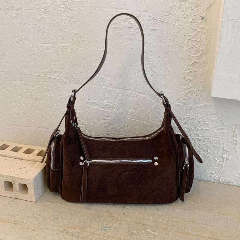 Sac à bandoulière en daim synthétique marron à fermeture éclair - 4