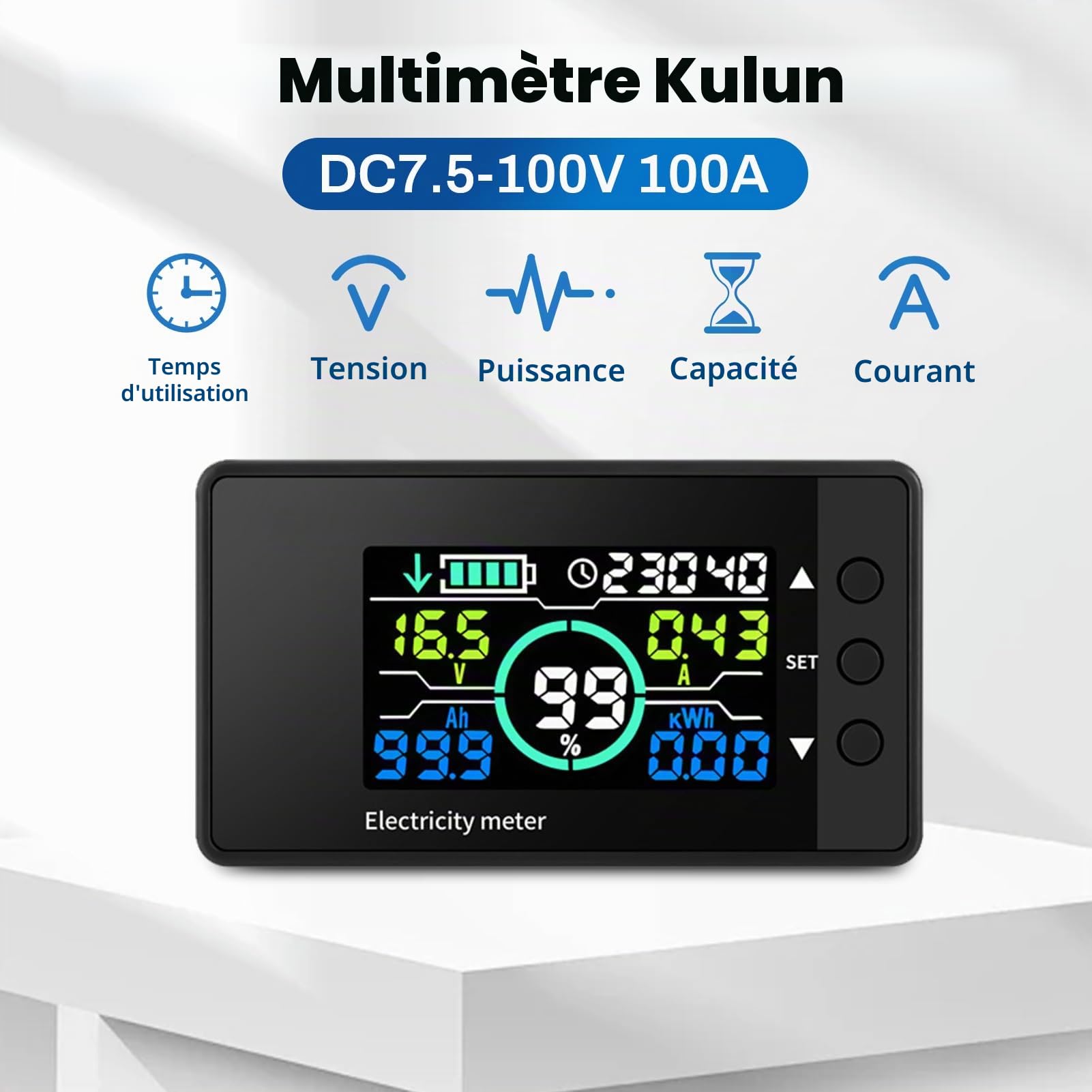 DEWIN Moniteur de Batterie 12V LCD, Gestionnaire de Capacité pour Lithium-Ion Ni DC 7.5V-100V 0-100A
