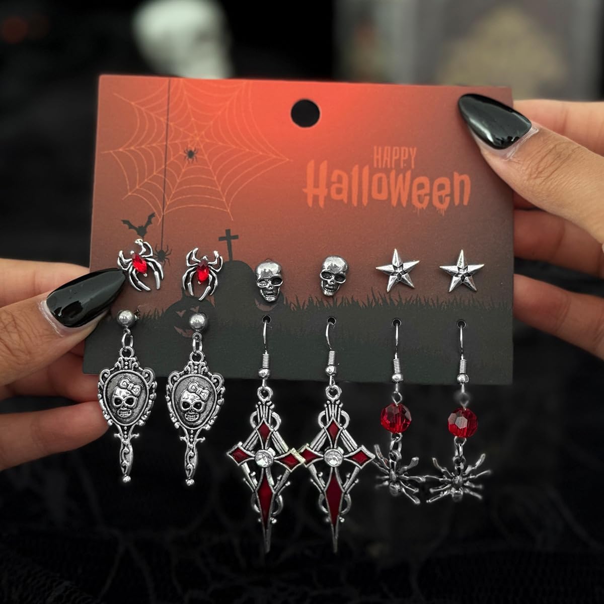 6 Pairs Gothic Earrings Set for Women Vintage Red Crystal Spider Cross Sword Drop Dangle Earrings Punk Style Skeleton Wings Thorn Rose Dagger Earrings Grunge Y2k Emo Earring Halloween Party Jewelry - Image 3