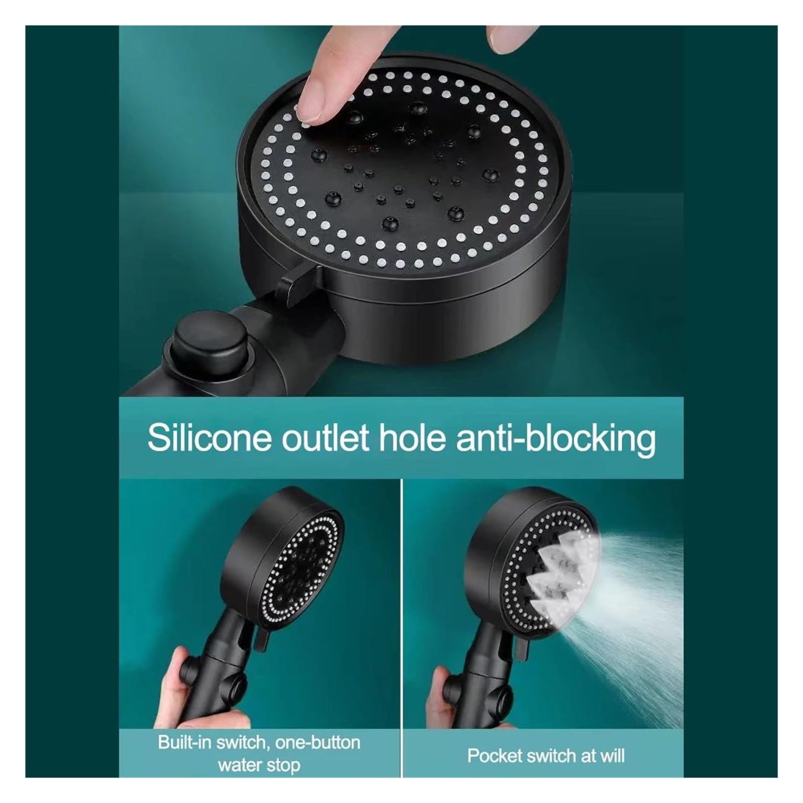 Soffione doccia ad alta pressione, 5 modalità regolabili con tubo flessibile, risparmio idrico, ugello con un pulsante di arresto(Silver and Hose)