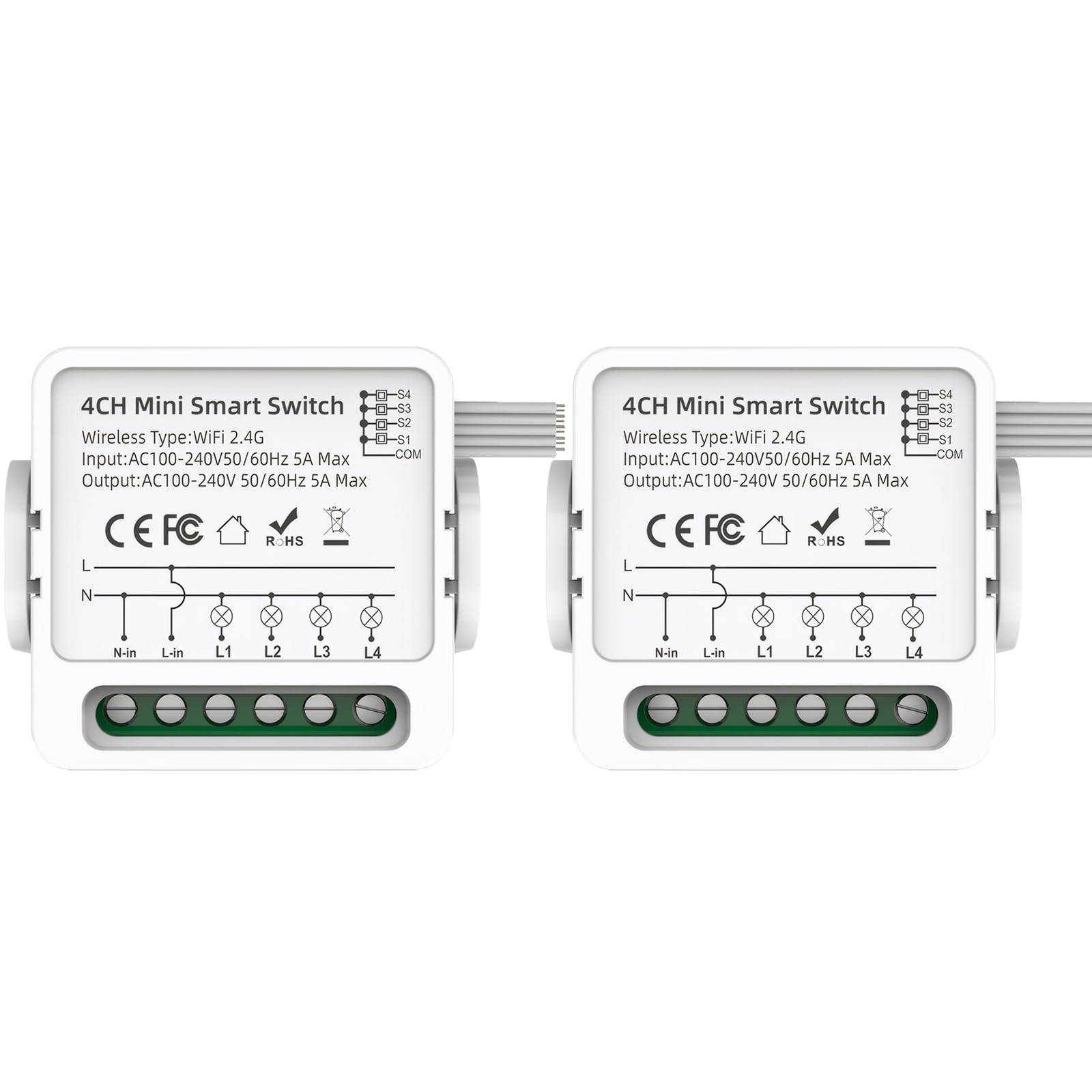 Mengshen Lot de 2 mini interrupteurs intelligents sans fil 4 voies pour porte de garage - Pas de hub nécessaire - Application Tuya - Contrôle vocal - Compatible avec Alexa et Google