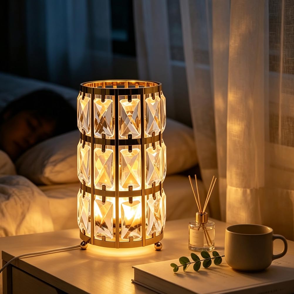 Kryształowa lampa stołowa, złota lampa LED z regulacją jasności, z przełącznikiem i kablem, 3 temperatury barwowe lampa na stolik nocny, kryształowa lampa dekoracyjna, lampka nocna do sypialni, salonu