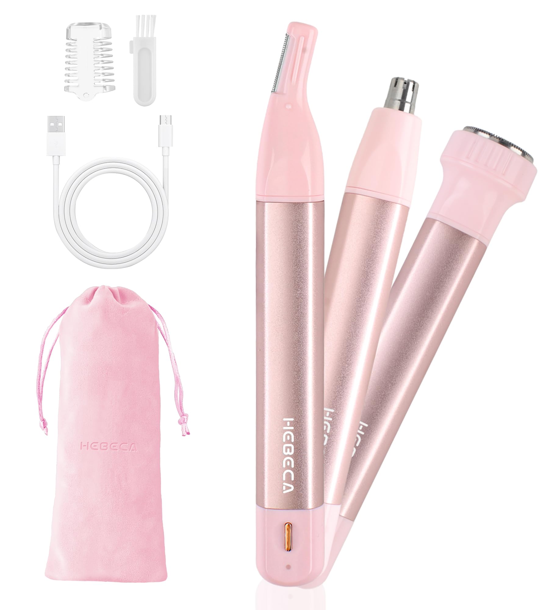 HEBECA Recortadora de vello nasal para mujer 3 en 1 - Recargable, impermeable, portátil con bolsa de viaje - Recorta nariz, oídos, cejas, vello fino, labios, barbilla, eliminador de vello facial (Rosa