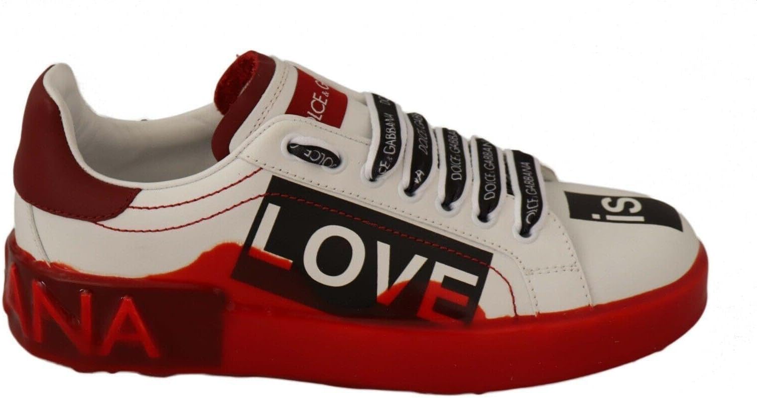 Dolce & Gabbana White Red Portofino Love Print Leather Sneakers Shoes