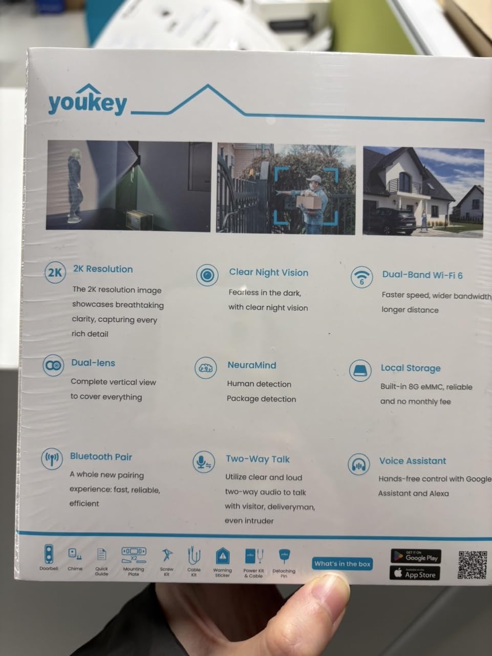 youkey Sonnette vidéo sans fil à double caméra — Vue de la tête aux pieds, sonnette de batterie FHD 2K avec stockage local sans frais mensuels, détection de colis, WiFi 5 GHz, compatible avec Alexa et