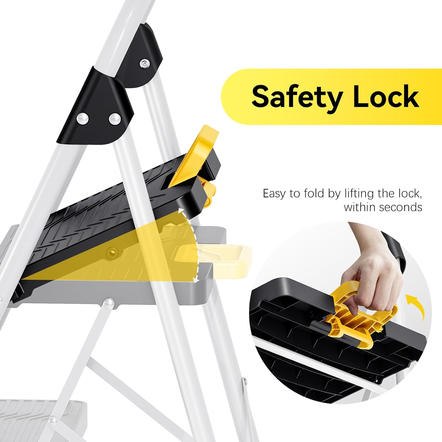 Close-up image showing the Safety Lock mechanism on the KINGRACK ladder, with an arrow indicating how to lift the lock to fold