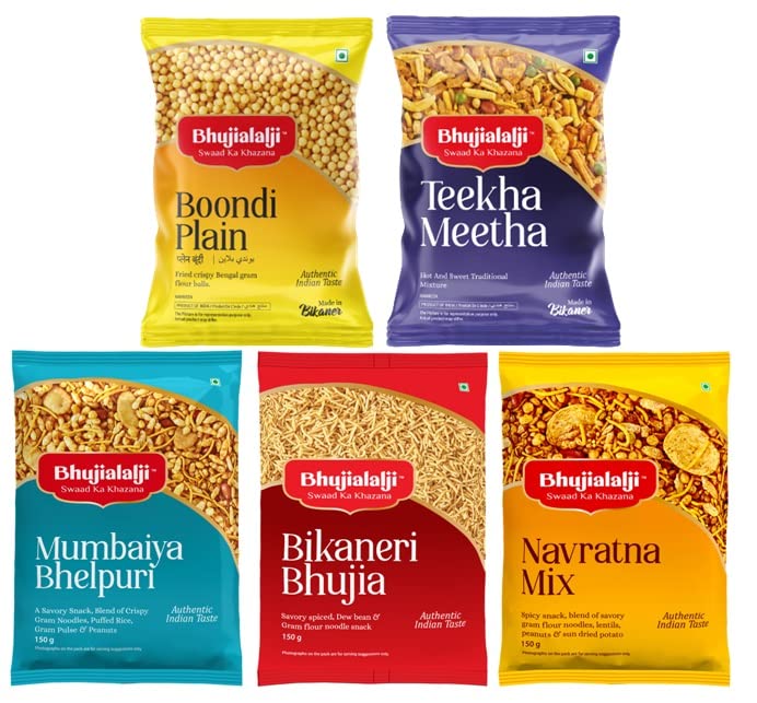Image of Bhujialalji (Combo pack of 5) 750g | Plain boondi | Theeka meetha | Mumbaiya bhel | Bikaneri bhujia | Navratna mix | Rajasthani Namkeen | indian Spices | Indian Tea Time Fresh & Mixture | Ready to eat.