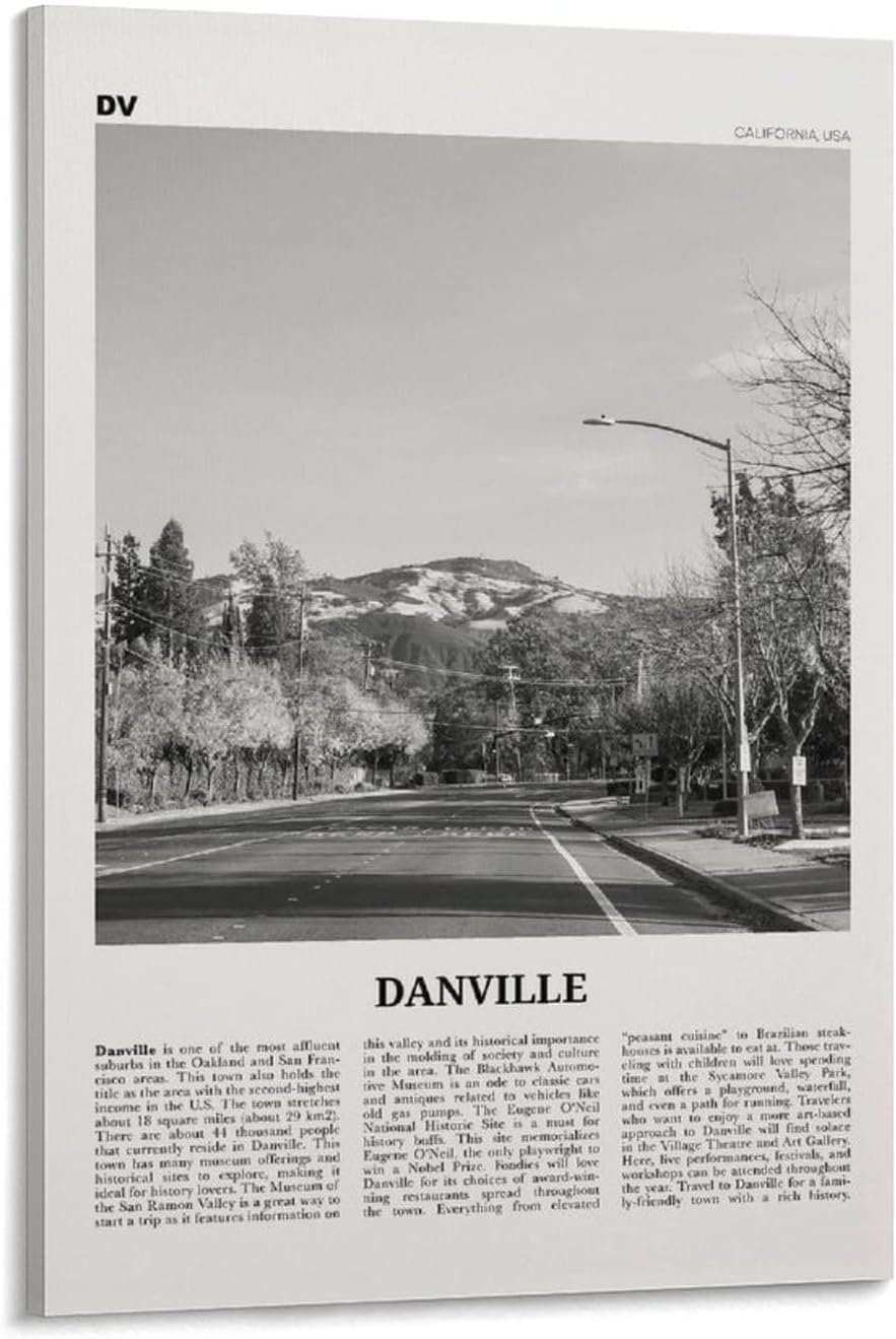 Danville Print Black and White California, Danville Wall Art, Danville Poster, Danville Photo, Danvi Canvas Posters Wall Art Bedroom Office Room Decor Gift 20x30inch(50x75cm)