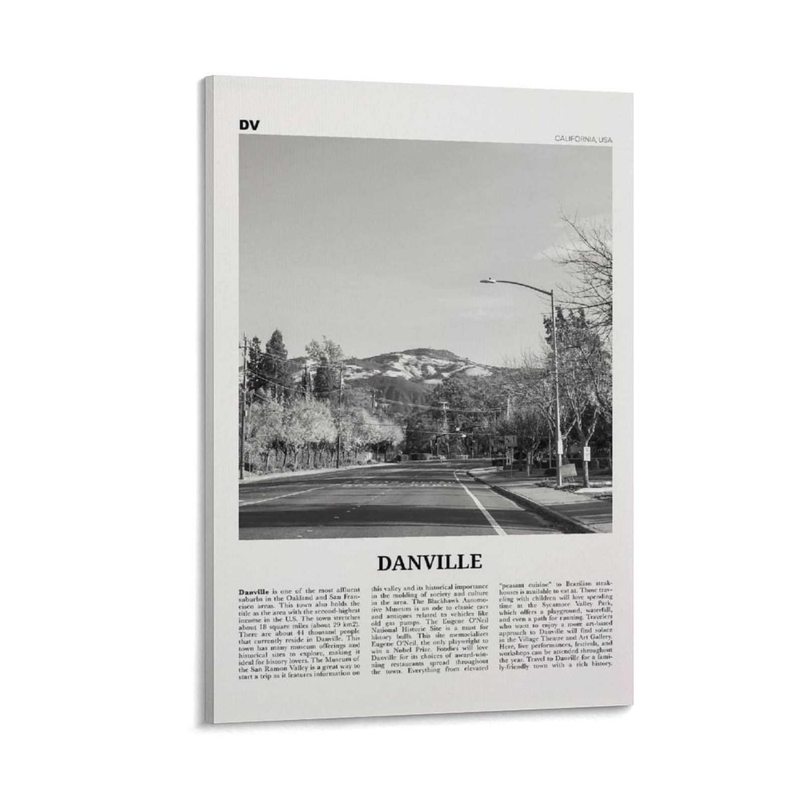 Danville Print Black and White California, Danville Wall Art, Danville Poster, Danville Photo, Danvi Canvas Posters Wall Art Bedroom Office Room Decor Gift 20x30inch(50x75cm)