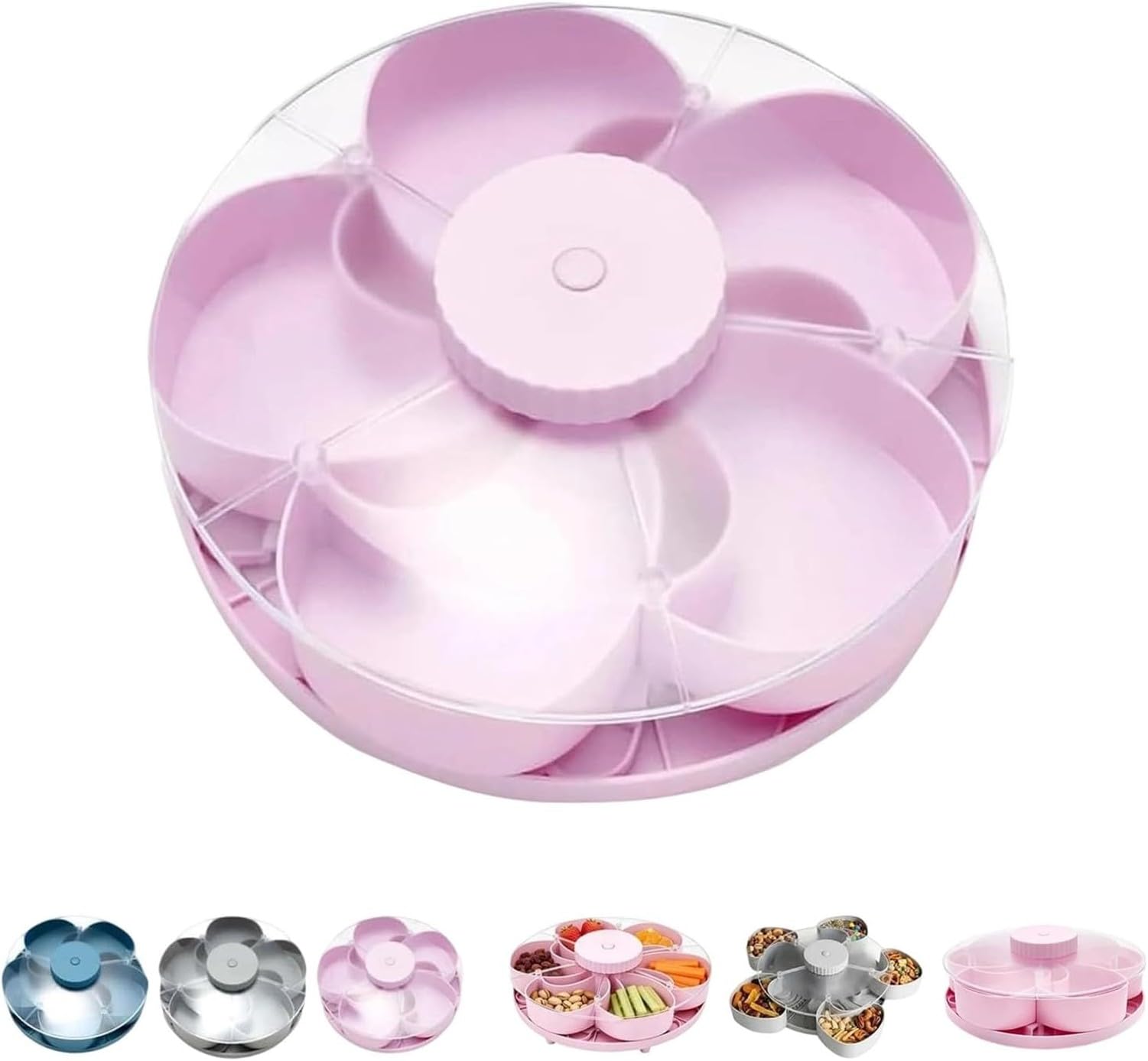 AIEIJJH Divided Rotating Snack Serving Tray with Lid and Compartments, Petal Shaped Snacks Plate for Fruit Vegetable Salads Food Travel, Party Picnic Camping, #A