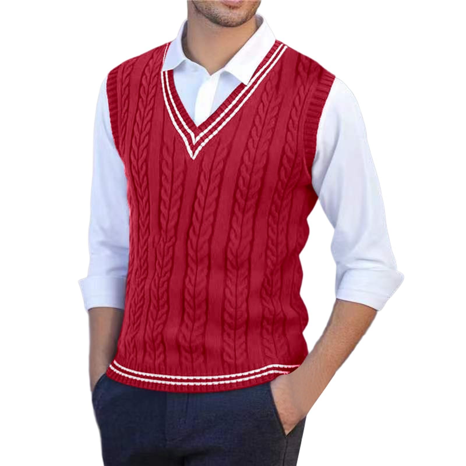 Pull sans manches homme léger tricot torsadé col en V pull d'automne - 7