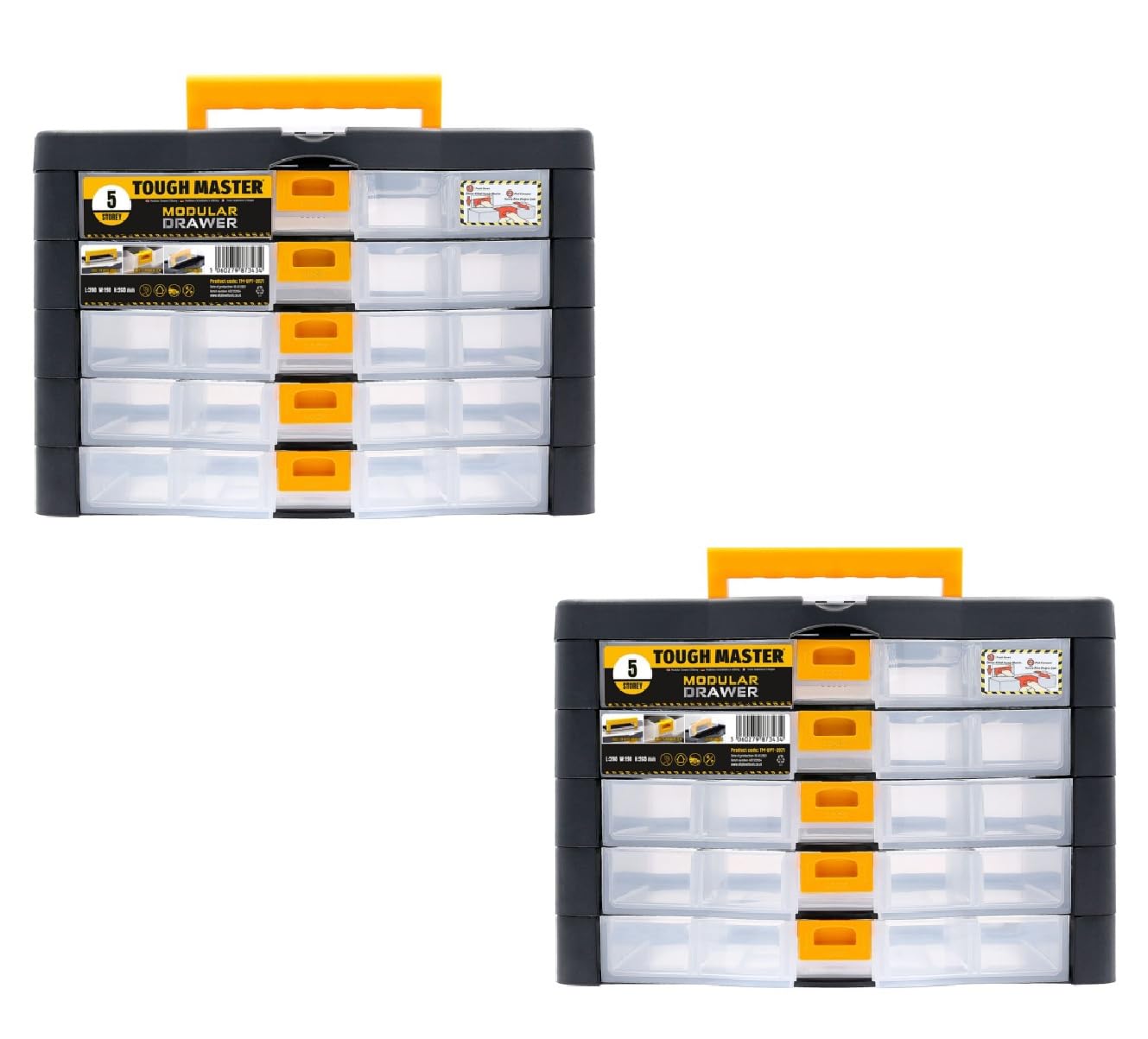 Tough Master Black/Orange/Yellow Tool Box 5 Drawer Organiser Stackable Storage Case With Comfortable Carry Handle For Sorting Small Household Bits, Diy Accessories And General Items (Pack Of 2)
