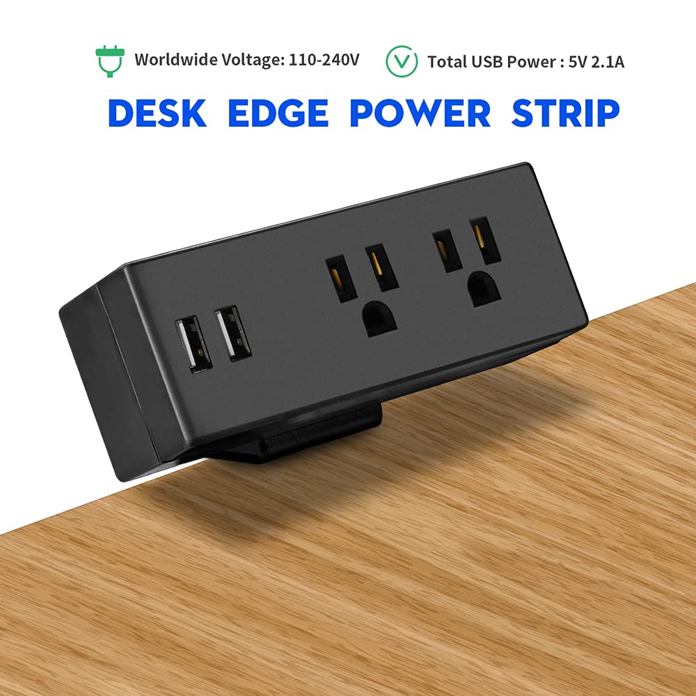 Desk Edge Power Strip with USB Ports Desktop Clamp Power Outlets Mountable Under Desk Power Socket 6'56 Feet Extension Cord ETL Certified (Black)