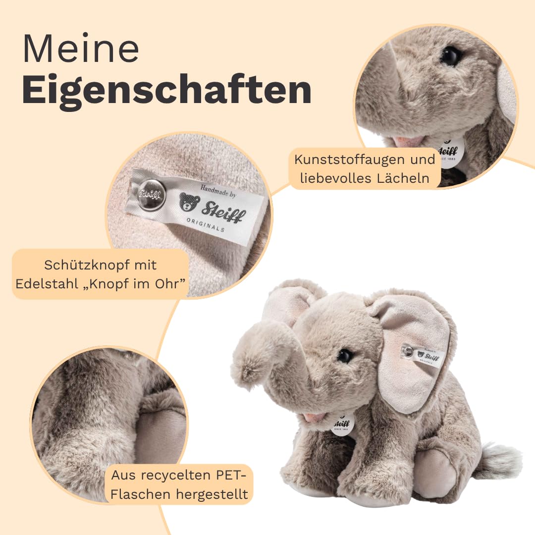 Steiff Kuscheltier Teddies for Tomorrow Edie Elefant, Süßes Stofftier mit Kunststoffaugen, Kinder, Jungen & Mädchen, Plüschtier 24 cm, Hellgrau, 065163