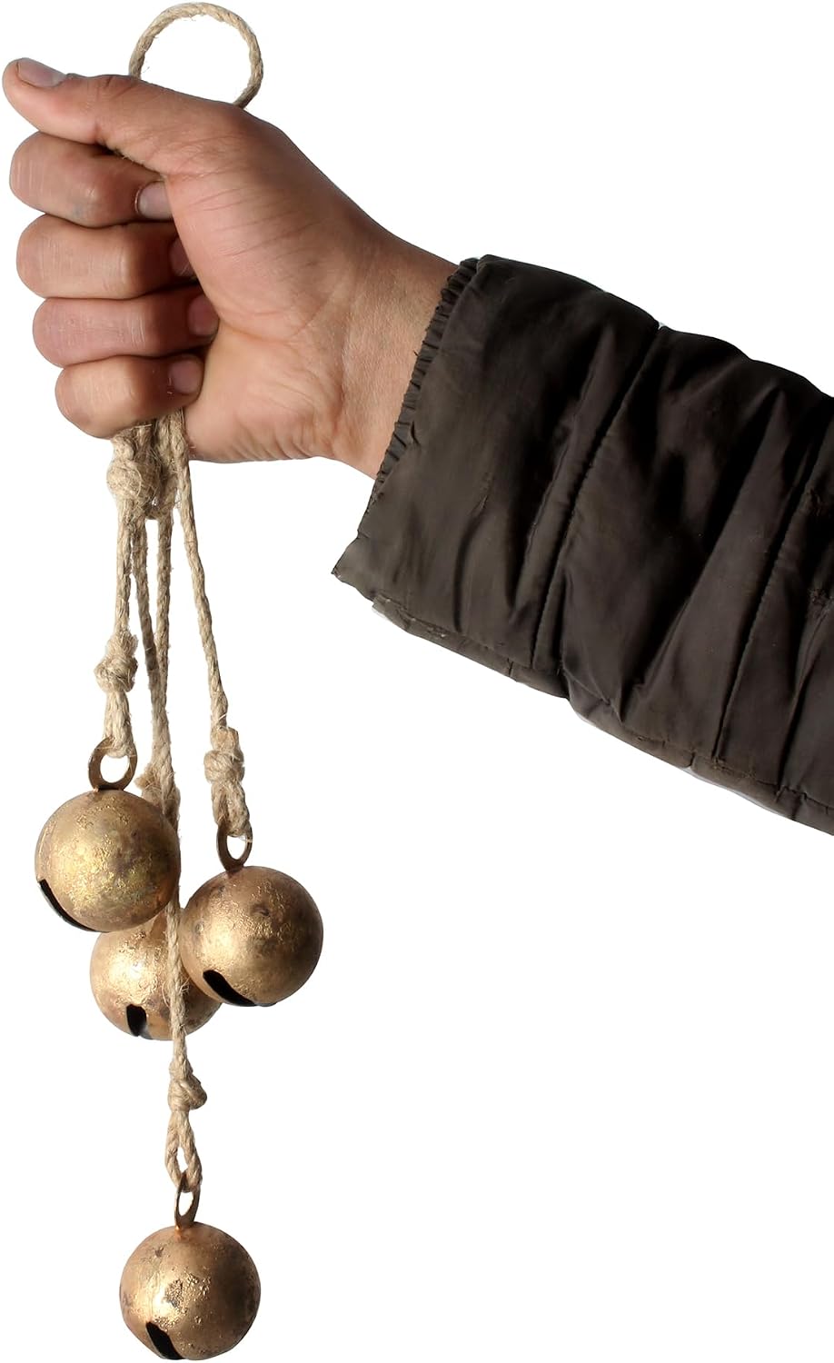 Iron Wrought Bell Chime Wall Hanging with Rope – Handmade Antique Finish Rustic 4 Bell Cluster for Farmhouse Door, Wall & Garden Decor