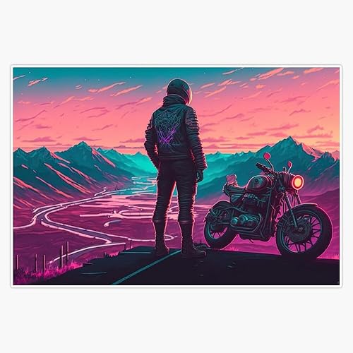 Synthwave, A Lone Biker Stops at a Scenic Overlook 1 synthwave calcomanía para ventana de coche, botella de agua de 5 pulgadas