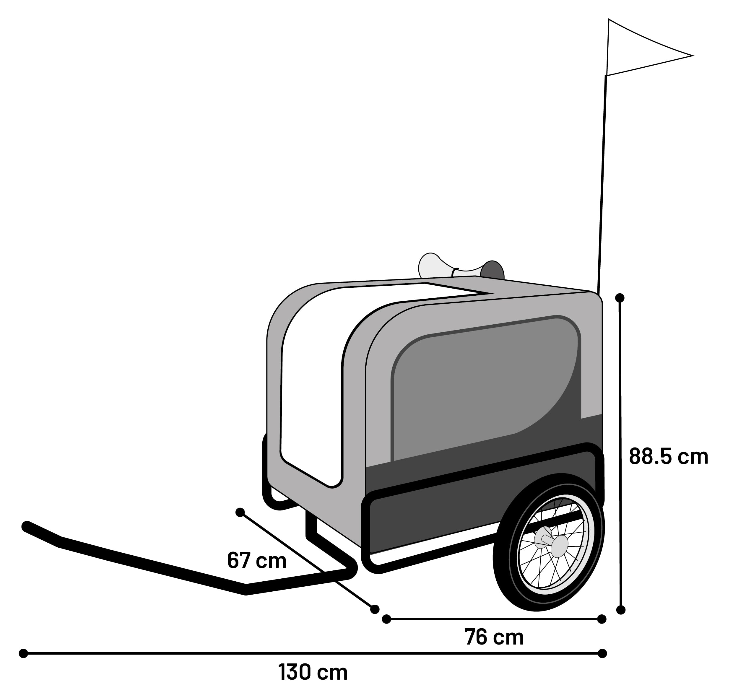 hundeanhänger für Fahrrad - fahrradanhänger Hunde - Flamingo Tybalt schwarz - A:76 cm B:57 cm C:65,5 cm D:130 cm - faltbar - mit Regenschutz - für E-Bike geeignet - max 30 kg