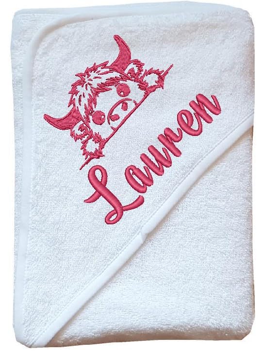 Mayra Hosiery Personalised Baby Hooded Bath Towel Embroidered Highland cow and Name 75x75cm Cotton. (White (Pink thread))