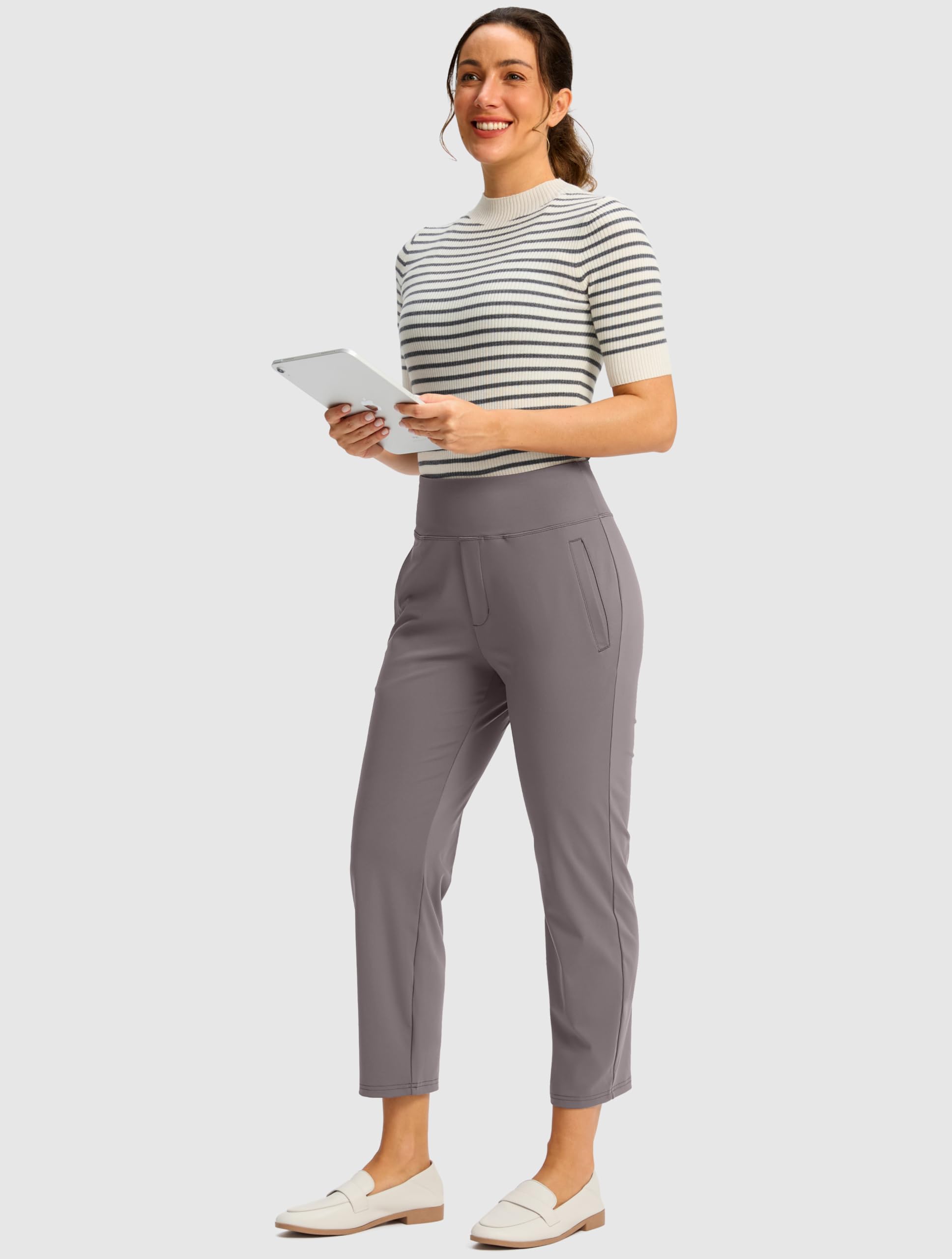SANTINY Pantalon pour femme avec 3 poches taille haute 7/8 extensible pour le golf, les voyages, l'athlétisme, le travail