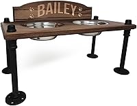 RegalDogProducts Elevated Dog Bowl Stand: Oak Wood Raised Feeder with Stainless Steel Bowls, Industrial Pipe Legs, Waterproof Finish, Handmade USA (Custom Backsplash)