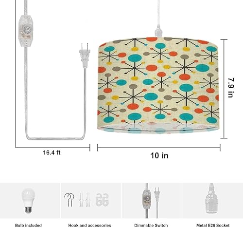 Miniatura 5 de Lámpara colgante enchufable de mediados de siglo cincuenta, moderna lámpara colgante atómica retro con cable enchufable, interruptor regulable de