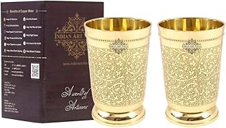 Indian Art VillaBrass Glass Tumbler, Embossed Design, 11 Oz Each, Set of 2