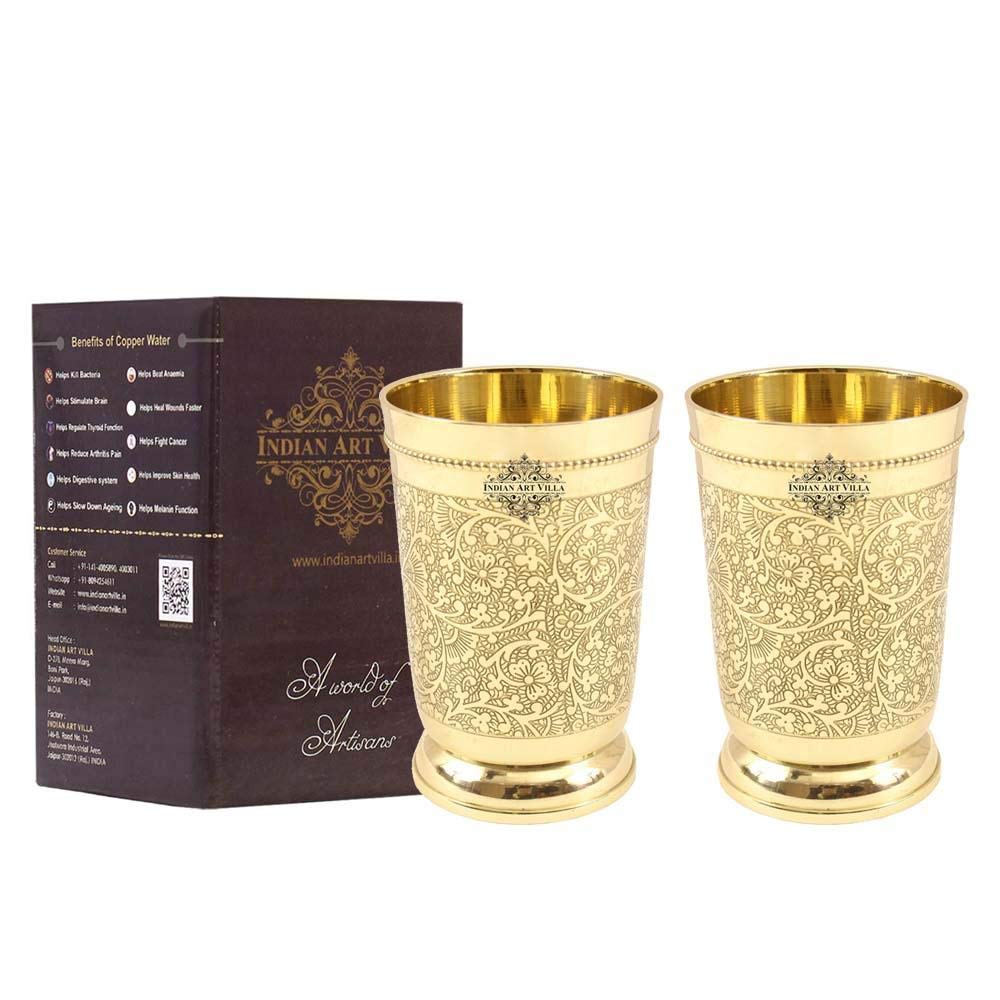 Indian Art VillaBrass Glass Tumbler, Embossed Design, 11 Oz Each, Set of 2
