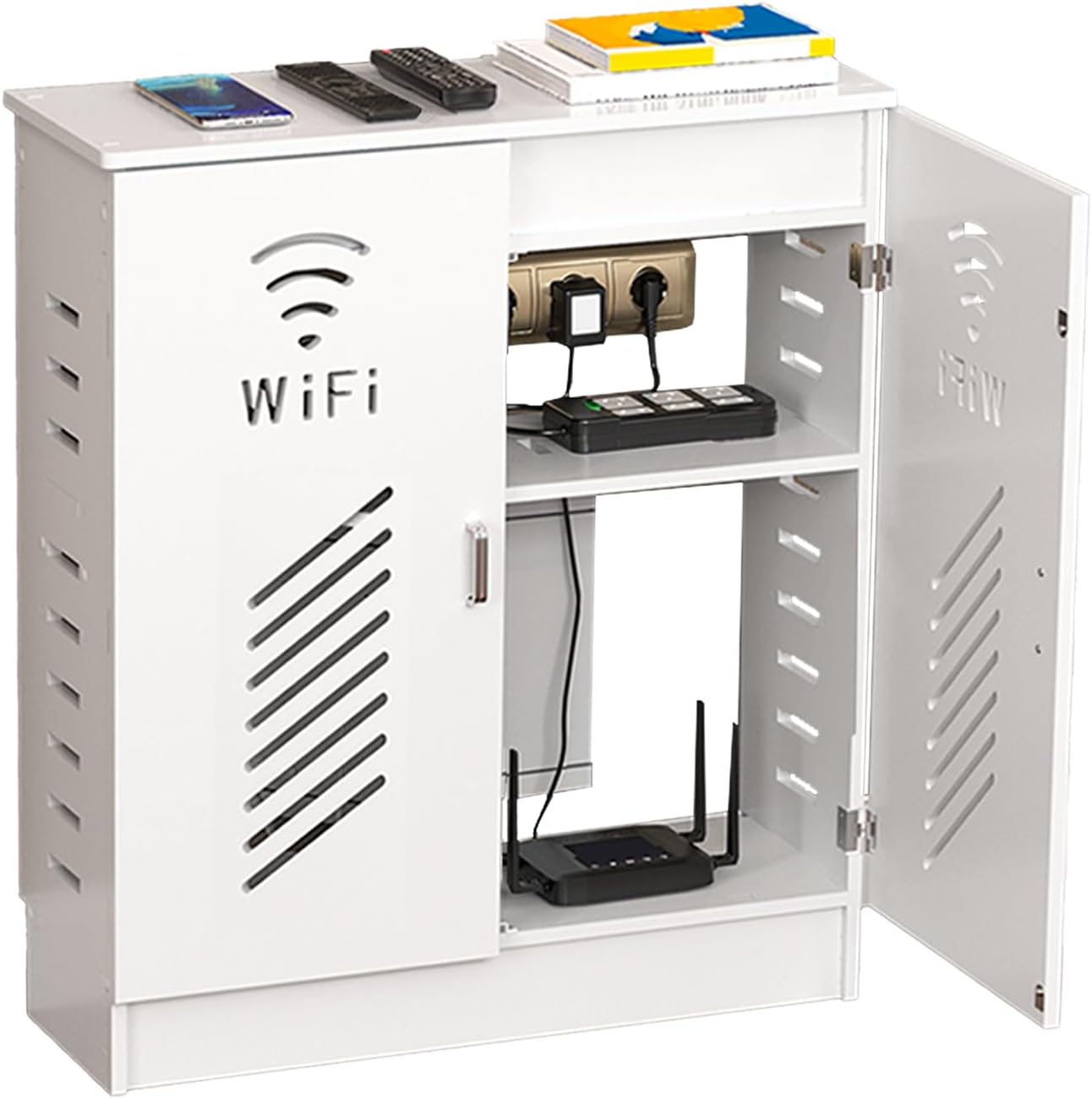 WiFi Router Storage Cabinet, Floor Standing Router Decorative Storage Box, Power Strip Cable Management Hider Organizer, Router Modem Cover for Home Office (White)