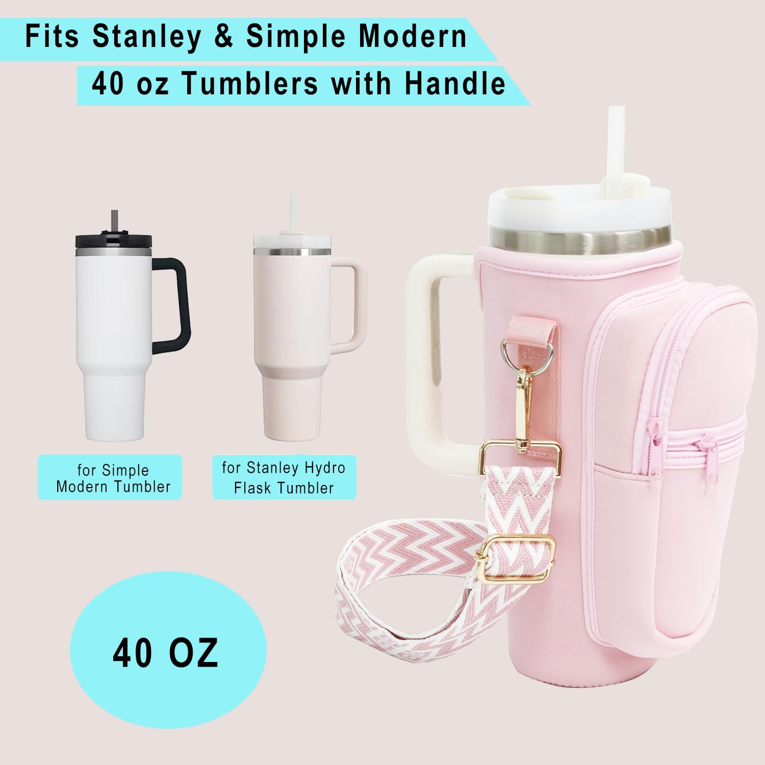 Water Bottle Holder with Strap for Stanley Cup 40 oz Tumbler with Handle, Super Large Capacity Pocket, Water Bottle Carrier Bag with Phone Pocket for Stanley Cup Accessories (Pink) - Image 3
